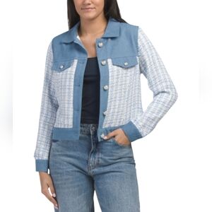 Nanette Lepore Blue and White Pearl Buttons Denim Tweed Blazer Jacket Sz M